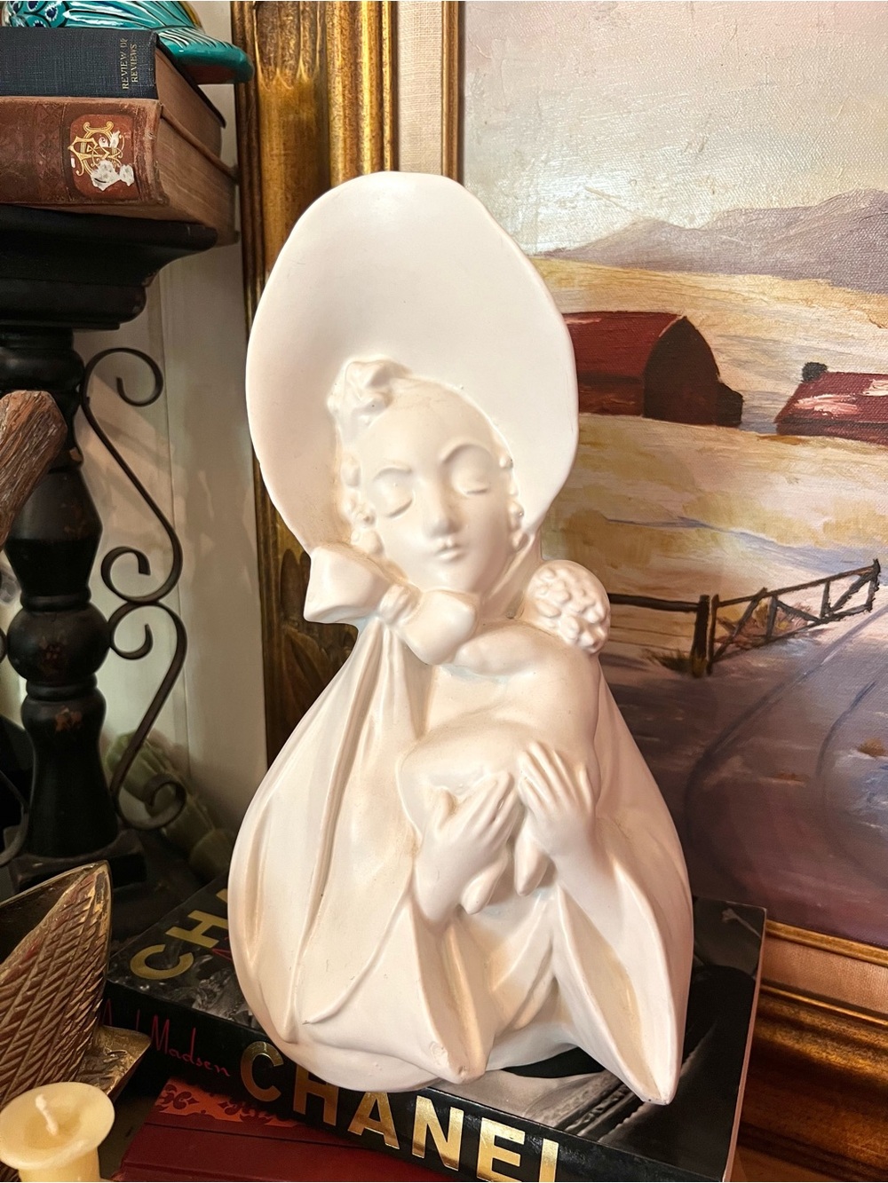 Genuine Vintage Royal Haeger Pearlized Ceramic "Lady in Bonnet with Child" Vase